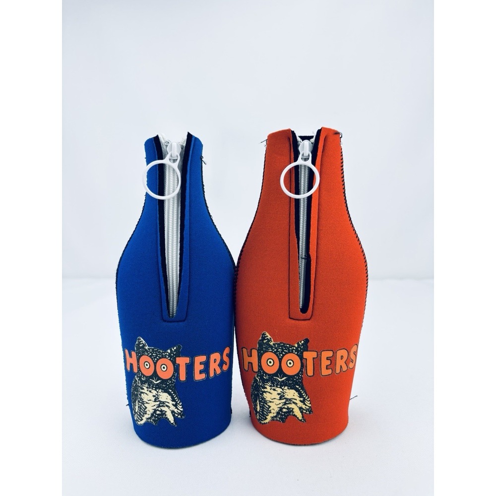 Vintage Hooters Zippered Bottle Koozies Lot of 2 - Orange & Blue Retro Owl
